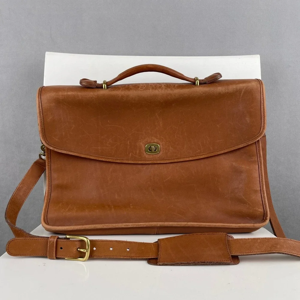 Vintage 90s Coach Lexington Briefcase British Tan Leather USA Messenger Bag 5265